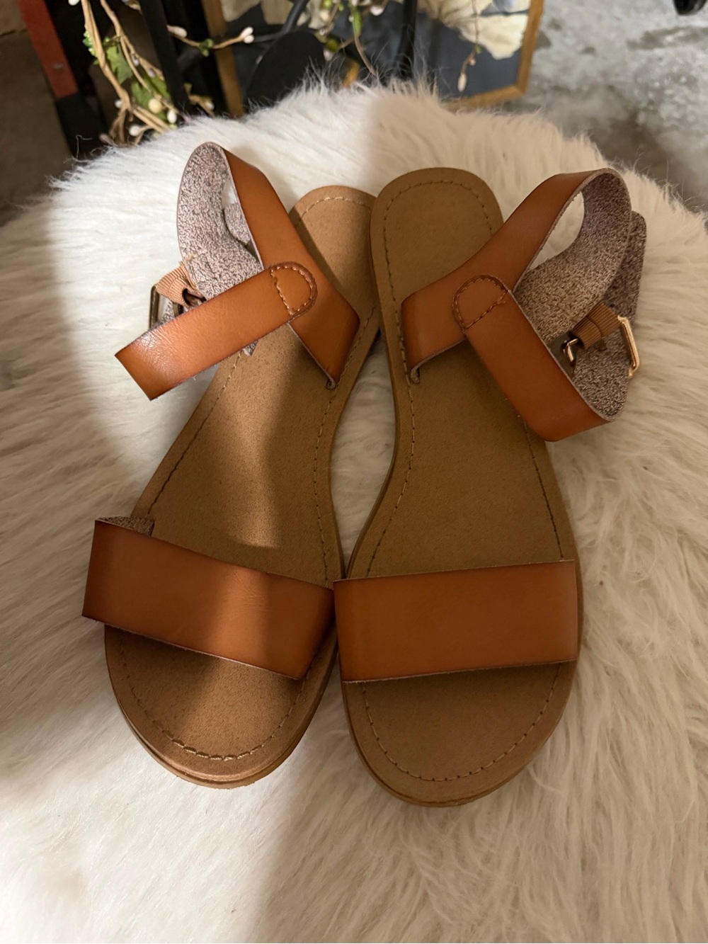 Women's Tan Leather-Look Ankle Strap Sandals